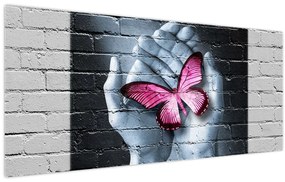 Tablou - Fluture roz în perete (120x50 cm)