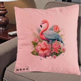 Perna Decorativa Flamingo cu Hibiscus Tropical, 40x40 cm, Roz, Husa Detasabila, Perna Inclusa, BEKZ®