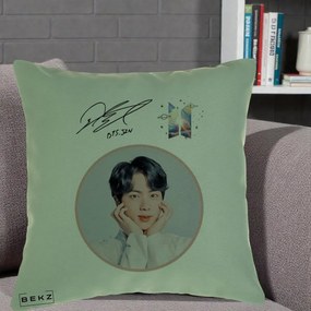 Perna Personalizata K-pop BTS Jin Portret cu Autograf, 40x40 cm, Verde, Husa Detasabila, Perna Inclusa, BEKZ®