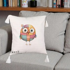 Perna Decorativa Pasare Patchwork Colorata, 40x40 cm, Bej cu Franjuri, Husa Detasabila, Perna Inclusa, BEKZ®