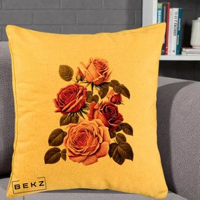 Perna Decorativa Trandafiri Vintage Roz-Rosii, 40x40 cm, Galben, Husa Detasabila, Perna Inclusa, BEKZ®