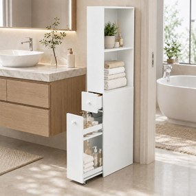 HOMCOM Dulap Baie Slim cu Organizator Glisant pe Roți, Sertar și Raft Reglabil, MDF, 18 x 40 x 135 Cm, Alb | Aosom Romania