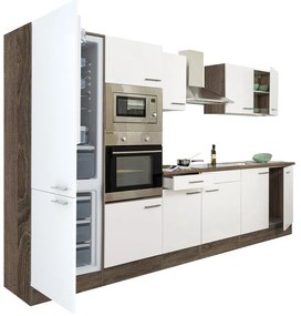 Mobilă de bucătărie Yorki 330, corp din stejar Yorki, față alb satinat, frigider cu congelator în partea de jos