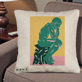 Perna Decorativa Ganditorul Sculptura Pop Art, 40x40 cm, Bej Canapea, Husa Detasabila, Perna Inclusa, BEKZ®