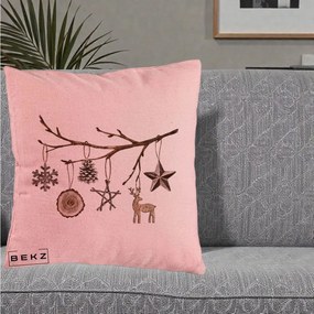 Perna Decorativa Ornamente de Lemn pe Ramura, 40x40 cm, Roz, Husa Detasabila, Perna Inclusa, BEKZ®