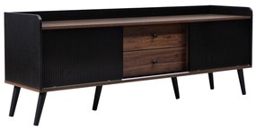 Comodă TV cu 2 sertare, uși glisante cu dungi și picioare stabile din lemn, 160x40x58 cm, Negru