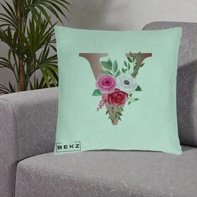 Cadou Personalizat - Perna Personalizata Monograma Rose Gold Litera V, 40x40 cm, Verde Menta, Husa Detasabila, Perna Inclusa, BEKZ®