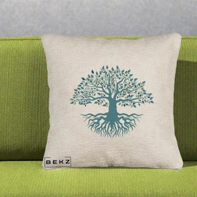Perna Decorativa Copacul Vietii Teal cu Radacini, 40x40 cm, Bej Canapea, Husa Detasabila, Perna Inclusa, BEKZ®