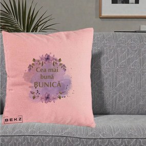Cadou pentru Bunica - Perna Personalizata Cea Mai Buna Bunica Flori Mov Acuarela Auriu, 40x40 cm, Roz, Husa Detasabila, Perna Inclusa, BEKZ®