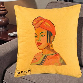 Perna Decorativa Portret Femeie Africana, 40x40 cm, Galben, Husa Detasabila, Perna Inclusa, BEKZ®