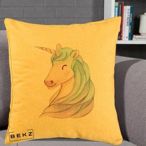 Perna Decorativa Unicorn Acuarela Pastel, 40x40 cm, Galben, Husa Detasabila, Perna Inclusa, BEKZ®