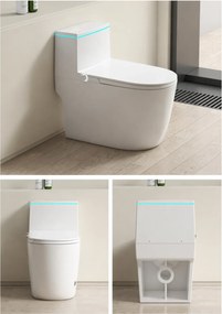 Smart WC 909 – Vas de Toaletă Inteligent cu Bideu Integrat, Rezervor Încorporat, Afișaj LED, Încălzire Colac, Uscare cu Aer Cald, Iluminare Ambientală RGB, Telecomandă, Ceramică Premium, Alb