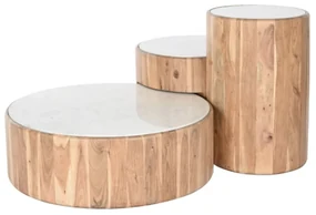 Set 3 masute de cafea, din lemn de acacia si blat din marmura, Virela