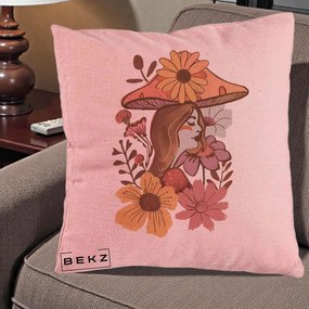 Perna Decorativa Fata Ciuperca Florala Boho, 40x40 cm, Roz, Husa Detasabila, Perna Inclusa, BEKZ®
