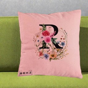 Cadou Personalizat - Perna Personalizata Monogram Litera R cu Flori Acuarela, 40x40 cm, Roz, Husa Detasabila, Perna Inclusa, BEKZ®