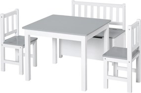 HOMCOM Set Mobilier pentru Copii 4 Piese, Masă, 2 Scaune, Bancă Depozitare, Lemn Multifuncțional, Alb și Gri | Aosom Romania