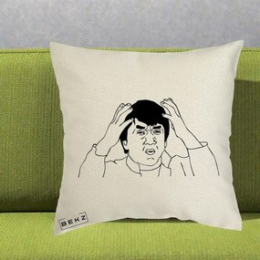 Perna Decorativa Jackie Chan WTF, 40x40 cm, Ecru, Husa Detasabila, Perna Inclusa, BEKZ®