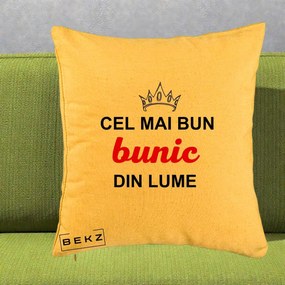 Cadou pentru Bunic - Perna Personalizata Cel Mai Bun Bunic Din Lume Coroana Rosu, 40x40 cm, Galben, Husa Detasabila, Perna Inclusa, BEKZ®