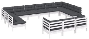 Set mobilier de grădină cu perne, 13 piese, alb, lemn de pin