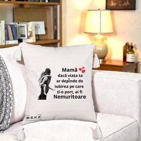 Cadou pentru Mama - Perna Personalizata Mama Nemuritoare Gravura Vintage, 40x40 cm, Bej cu Franjuri, Husa Detasabila, Perna Inclusa, BEKZ®