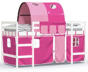3206996 vidaXL Pat etajat de copii cu tunel, roz, 90x200 cm, lemn masiv pin