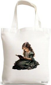 Sacosa de Panza pentru Cumparaturi, Geanta Tote, model The bookie girl 19 38 x 34.5 cm, Alba, BEKZ®