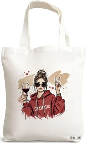 Sacosa de Panza pentru Cumparaturi, Geanta Tote, model The Dramatic girl 38 x 34.5 cm, Alba, BEKZ®