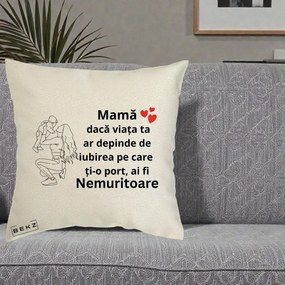 Cadou pentru Mama - Perna Personalizata Mama Nemuritoare Portret Graphic, 40x40 cm, Ecru, Husa Detasabila, Perna Inclusa, BEKZ®