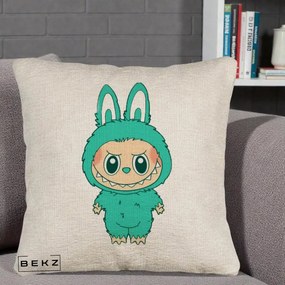 Perna Personalizata Labubu Turcoaz, 40x40 cm, Bej Canapea, Husa Detasabila, Perna Inclusa, BEKZ®