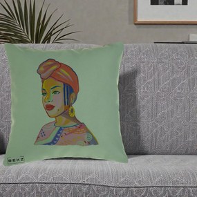 Perna Decorativa Portret Femeie Africana, 40x40 cm, Verde, Husa Detasabila, Perna Inclusa, BEKZ®