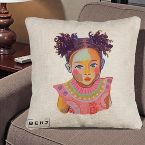Perna Decorativa Fetita Vesela Portret Colorat, 40x40 cm, Bej Canapea, Husa Detasabila, Perna Inclusa, BEKZ®