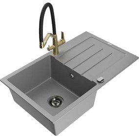 Mexen Bruno chiuvetă de granit cu un compartiment, cu picurător și baterie de bucătărie Duo, Gri - 6513-71-671701-57-B