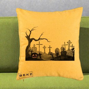 Perna Decorativa Halloween Cimitir Acuarela cu Dovleac, 40x40 cm, Galben, Husa Detasabila, Perna Inclusa, BEKZ®