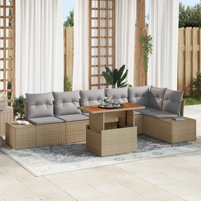 vidaXL Set de dining grădină 7 piese, perne bej din rattan, lemn de acacia