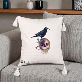 Perna Decorativa Craniu cu Corb si Flori Gothic, 40x40 cm, Bej cu Franjuri, Husa Detasabila, Perna Inclusa, BEKZ®
