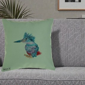 Perna Decorativa Pasare Martin Pescar Acuarela Albastru-Mov, 40x40 cm, Verde, Husa Detasabila, Perna Inclusa, BEKZ®