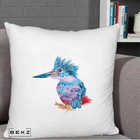 Perna Decorativa Pasare Martin Pescar Acuarela Albastru-Mov, 40x40 cm, Alb Pufos, Husa Detasabila, Perna Inclusa, BEKZ®