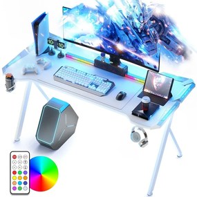 DOWINX Birou de Gaming RGB cu Iluminare Multicoloră și Design din Fibră de Carbon, Telecomanda, Mouse pad impermeabil, 120 cm, Alb