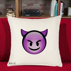 Perna Decorativa Emoji Diavol Mov, 40x40 cm, Crem Reliefat, Husa Detasabila, Perna Inclusa, BEKZ®