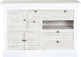 Comodă cu sertare și uși, vintage, din lemn de mango, alb, cu 4 sertare, 3 uși cu jaluzele și nișă, décapé, 80 x 115 x 40 cm, „Worn out White”