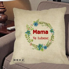 Cadou pentru Mama - Perna Personalizata Mama Te Iubesc Flori Albastre, 40x40 cm, Crem, Husa Detasabila, Perna Inclusa, BEKZ®