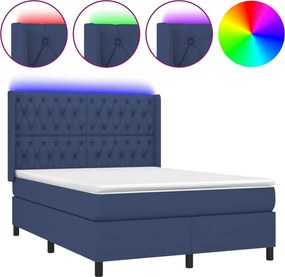 vidaXL Pat cu arcuri, saltea și LED, albastru, 140x190 cm, textil