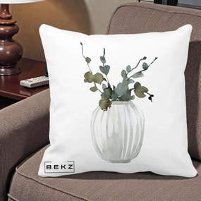 Perna Decorativa Vaza cu Eucalipt Watercolor, 40x40 cm, Alba Mata, Husa Detasabila, Perna Inclusa, BEKZ®
