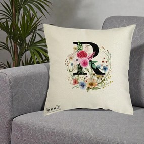 Cadou Personalizat - Perna Personalizata Monogram Litera R cu Flori Acuarela, 40x40 cm, Ecru, Husa Detasabila, Perna Inclusa, BEKZ®