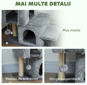 PawHut Scara pentru Pisici cu 4 Trepte Reglabile, 2 Căsuțe și Stâlp pentru Zgâriat Gri | Aosom Romania