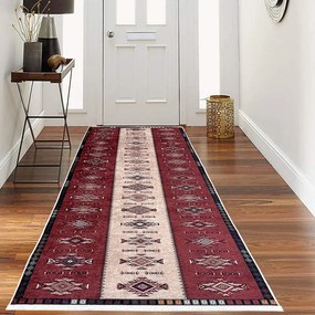 Traversa hol antiderapanta, 80x300 cm, visiniu cu crem, model etnic