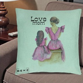 Cadou pentru Mama - Perna Personalizata Love Mom Rochii Roz, 40x40 cm, Verde Menta, Husa Detasabila, Perna Inclusa, BEKZ®