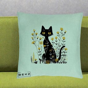 Perna Decorativa Pisica Neagra Ochi Galbeni Flori Galbene, 40x40 cm, Verde Menta, Husa Detasabila, Perna Inclusa, BEKZ®