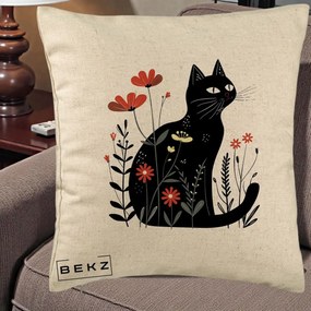 Perna Decorativa Pisica Neagra Flori Rosii Folk, 40x40 cm, Bej, Husa Detasabila, Perna Inclusa, BEKZ®