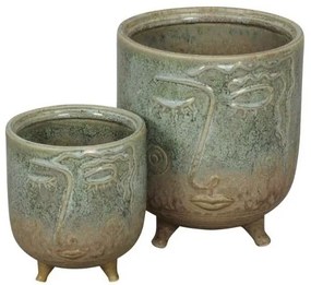 Ghiveci Face din ceramica, verde antichizat, 15x18 cm